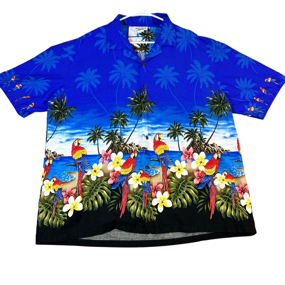 Pacific Legend Mens 2XL Blue Tropical Parrot Palm Tree Aloha Hawaiian Shirt USA